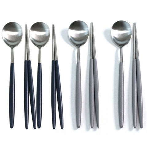 리빙해피 봉봉 컬러 수저 4벌 세트, 블루, 그레이, 숟가락  4p + 젓가락 4p