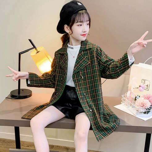 오렌지다몸 여아용 체크 리본 벨트 6버튼 코트