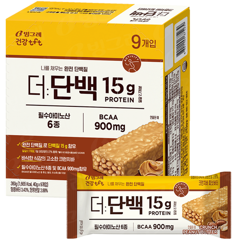 빙그레 tft 더단백 크런치바 피넛버터 9p, 360g, 1개