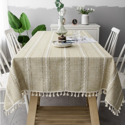 크리스 북유럽스타일 린넨 태슬 테이블 식탁보 나비스트라이프, 아몬드옐로, 60 x 60 cm