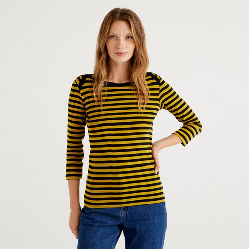 베네통티셔츠 베네통 여성용 보트넥 스트라이프 7부 티셔츠 3OA6E16A19 Best Top3