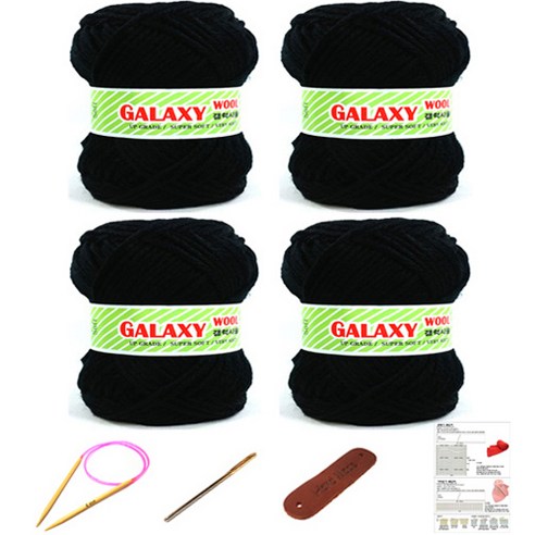 행복뜨기 갤럭시울 털 뜨개실 4볼 + 대바늘 6mm + 돗바늘 + 가죽라벨 + 목도리도안 세트, 2916 검정, 1세트