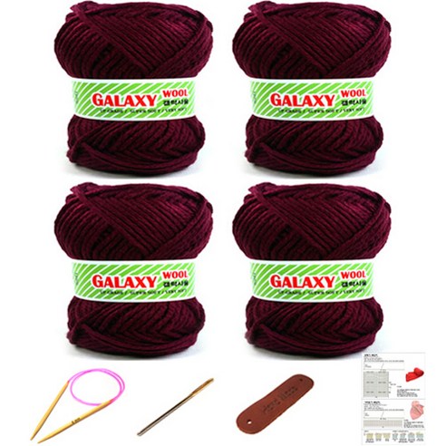 행복뜨기 갤럭시울 털 뜨개실 4볼 + 대바늘 6mm + 돗바늘 + 가죽라벨 + 목도리도안 세트, 2906 흑장미, 1세트