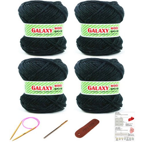 행복뜨기 갤럭시울 털 뜨개실 4볼 + 대바늘 6mm + 돗바늘 + 가죽라벨 + 목도리도안 세트, 2905 차콜, 1세트