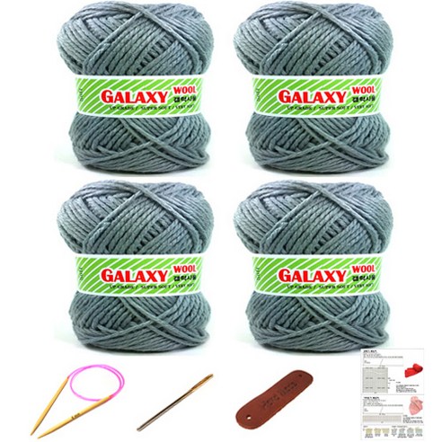 행복뜨기 갤럭시울 털 뜨개실 4볼 + 대바늘 6mm + 돗바늘 + 가죽라벨 + 목도리도안 세트, 2904 회색, 1세트