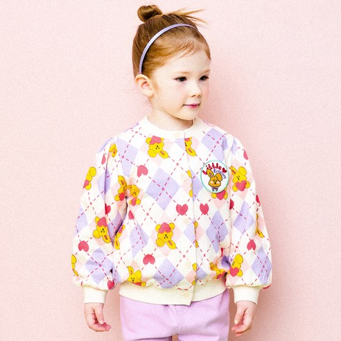 헤이미니 여아용 버니럽 아가일체크 가디건