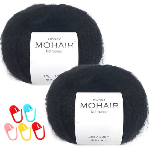 니뜨 허니 모헤어 실 25g x 2p + 단수링 5p 세트, 19 블랙(실), 랜덤발송(단수링), 1세트