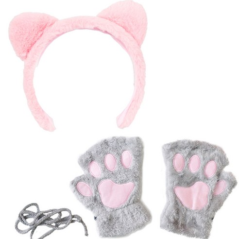 파티쇼 밍크 고양이 머리띠 + 밍크 고양이 장갑 양손 세트, 그레이(장갑), 핑크(머리띠), 1세트