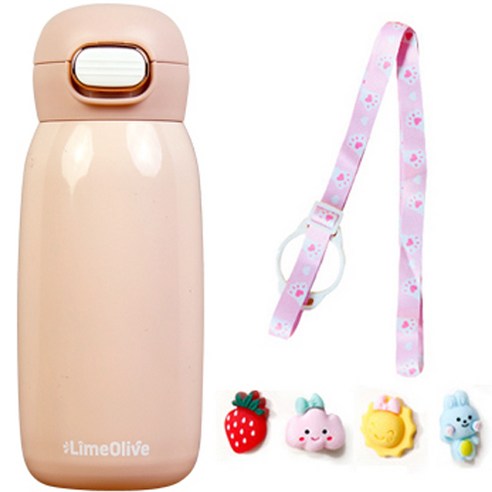 라임올리브 우주인 원터치 보온병 350ml + 스트랩 + 입체 스티커 세트, 핑크(보온병, 스트랩), 랜덤발송(스티커)