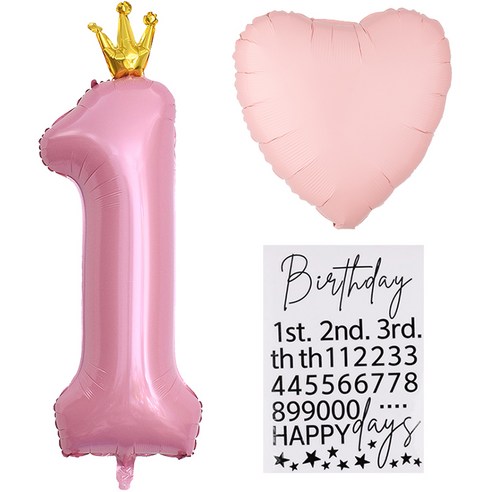조이파티 숫자왕관 은박풍선 대 핑크 + 하트 마카롱 핑크 + Birthday 숫자 스티커 세트, 혼합색상, 1세트