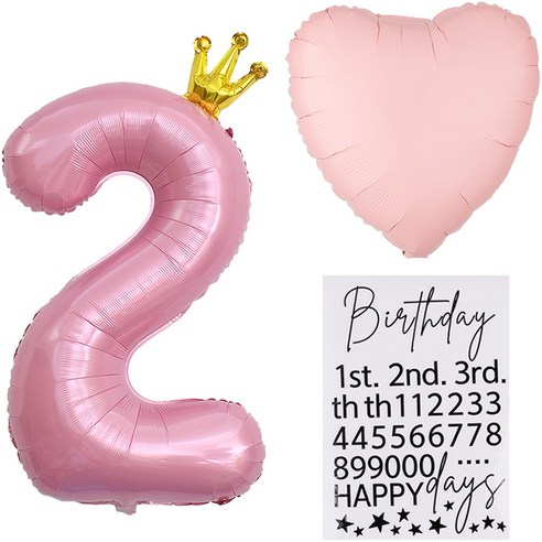 조이파티 숫자왕관 은박풍선 대 2 + 하트 은박풍선 마카롱 + Birthday 숫자 스티커 세트, 핑크(풍선), 블랙(스티커), 1세트