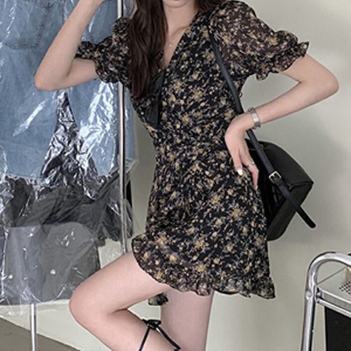 비비에모 와일드플라워 러플랩 반소매 미니 원피스 03949