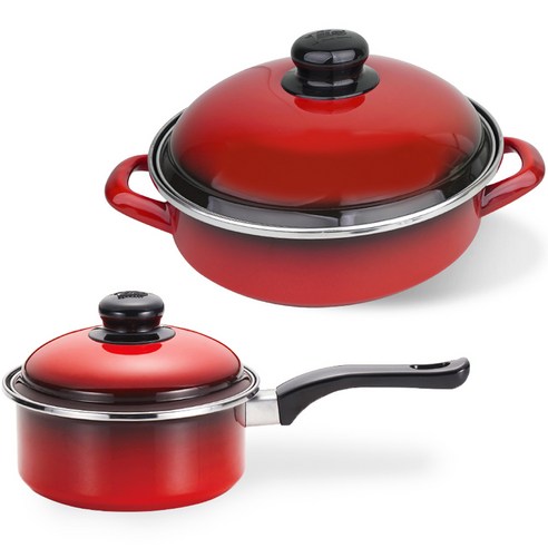 ELO 인덕션 쿡포트 빨간법랑 2종 세트, 레드, 편수 냄비 14cm + 전골 24cm