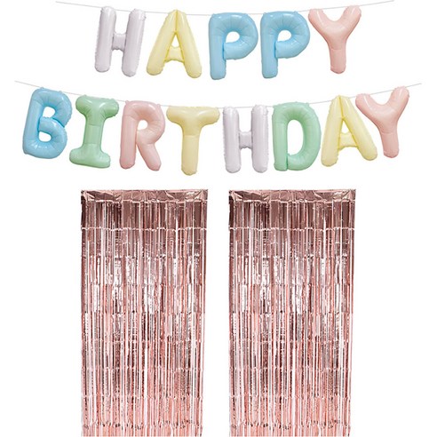 조이파티 풍선 HAPPY BIRTHDAY + 파티 은박 커튼 2p 세트, 파스텔, 로즈골드, 1세트