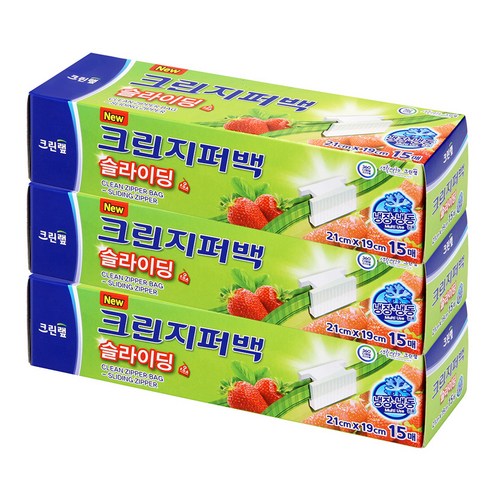 크린랲 크린 슬라이딩 지퍼백 21 x 19 cm, 소(S), 15개입, 3개