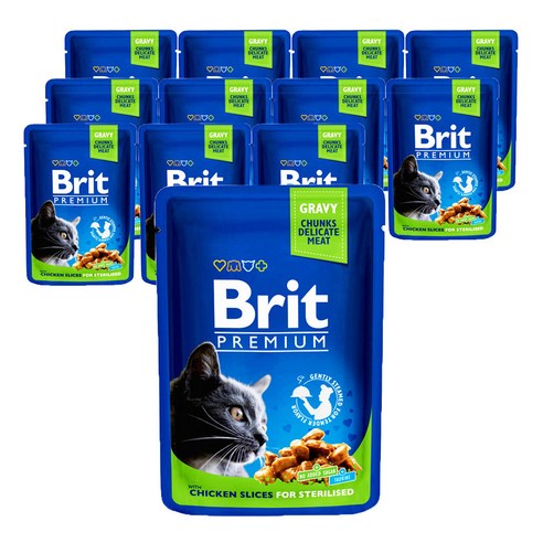 브리트 고양이 전연령용 프리미엄 캣 파우치 사료 닭고기 슬라이스 스텔라이즈드, 돼지, 100g, 12개