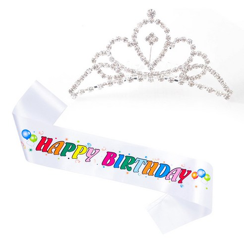 파티쇼 공주 티아라 왕관 생일 어깨띠 세트, 컬러풀화이트(중형A), 1세트
