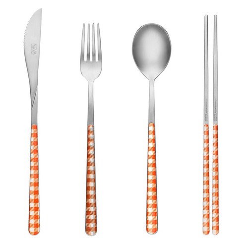 네바 커트러리 체크 풀세트, 오렌지, 스푼 + 젓가락 + 포크 + 나이프, 1세트