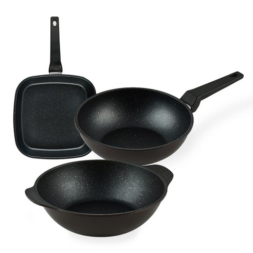 퀸센스 디너 후라이팬 세트 3개, 브라운, 사각팬 27cm + 궁중팬 28cm + 파티웍 28cm, 1세트