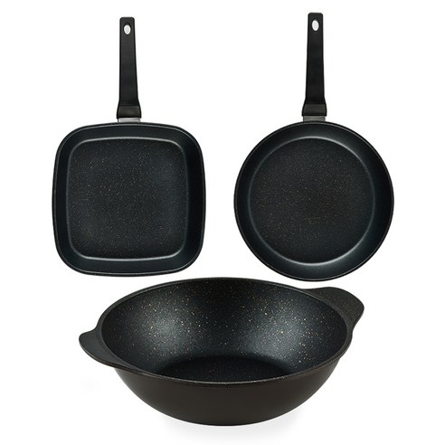 퀸센스 디너 후라이팬 세트 3개, 브라운, 사각팬 27cm + 후라이팬 28cm + 파티웍 28cm, 1세트