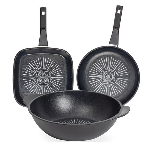 인터쿡 클래식 후라이팬 3종 세트, 블랙, 1세트, 사각팬 27cm + 후라이팬 28cm + 파티웍 28cm
