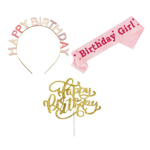 조이파티 메탈릭 생일머리띠 + 생일어깨띠 Birthday Girl + 글리터 생일토퍼 세트, 핑크(머리띠, 어깨띠), 골드(토퍼), 1세트