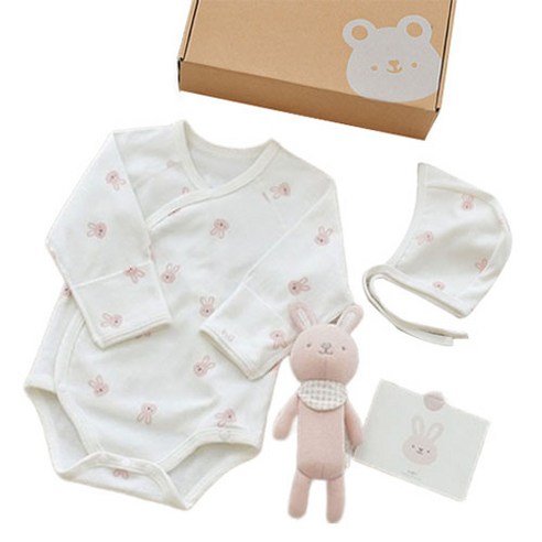 베이비앤아이 사계절 배냇슈트 + 모자 + 딸랑이 선물세트, 고미, 1세트