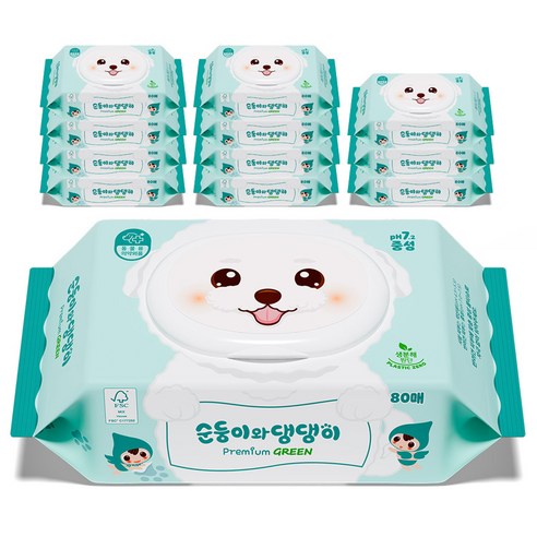순둥이 반려동물 순둥이와 댕댕이 프리미엄 그린 중성 물티슈, 12팩, 80개입