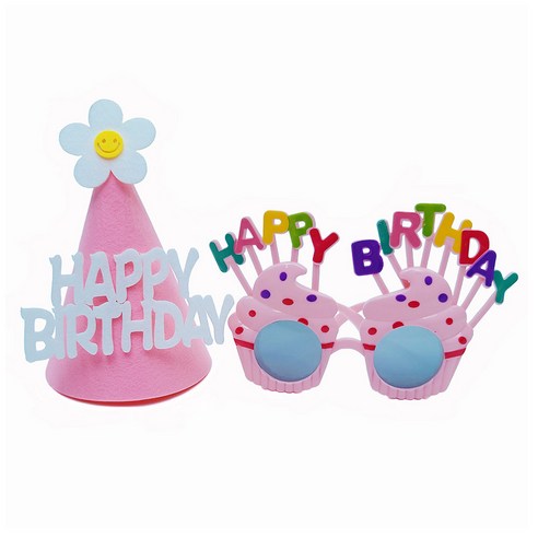 데이지 고깔모자 + 마카롱 컵케익 생일안경 세트, 핑크, 1세트