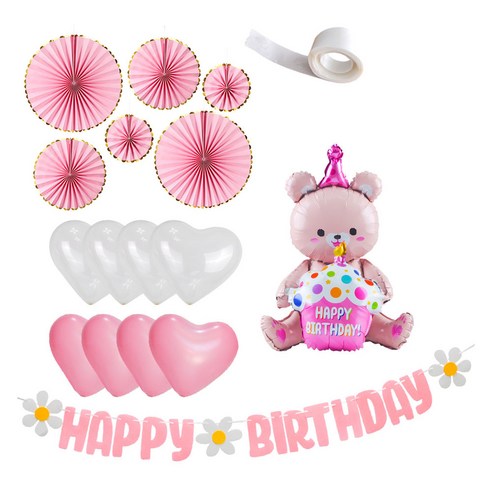 파티쇼 곰돌이 컵케익 데이지 생일 가랜드 파스텔팬 하트풍선 + 글루닷 세트, 핑크(곰돌이풍선), 핑크(하트풍선), 1세트