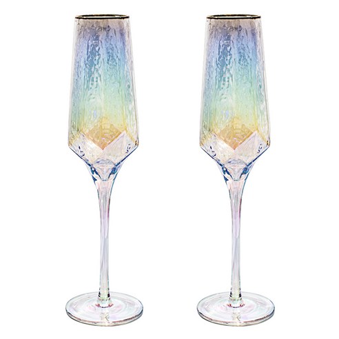 칼딘 오로라 홀로그램 유리컵 골드라인 샴페인잔, 310ml, 2개