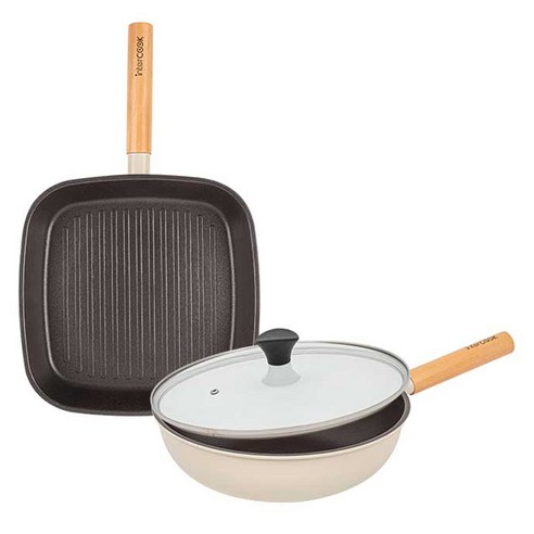 인터쿡 인덕션 포레스트 후라이팬 세트 3종, 베이지, 1세트, 사각팬 27cm + 궁중팬 28cm + 유리뚜껑 28cm