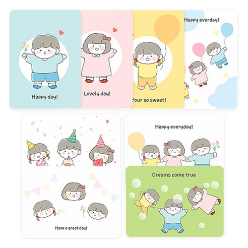 도나앤데코 귀여운 접이식 미니카드 8종 + 봉투 8p + 스티커 8p 세트, 001 친구들의 즐거운 하루, 1세트