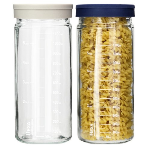 미르 헥사 슬림 원통형 눈금 실리콘뚜껑 밀폐 유리병 2종 세트, 1500ml, 1세트
