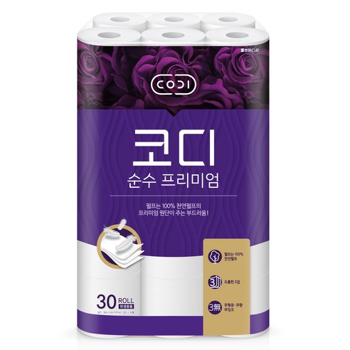 코디 3겹 천연펄프 순수 프리미엄 화장지, 30m, 30롤, 1개