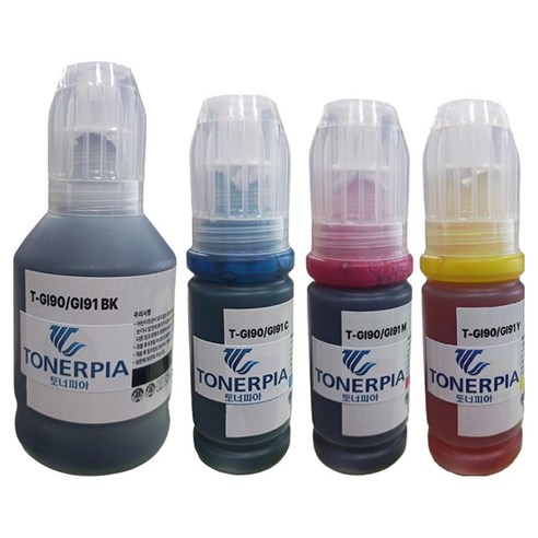 토너피아 캐논 호환잉크 GI-91 4종 세트, 검정, 파랑, 빨강, 노랑, 1세트