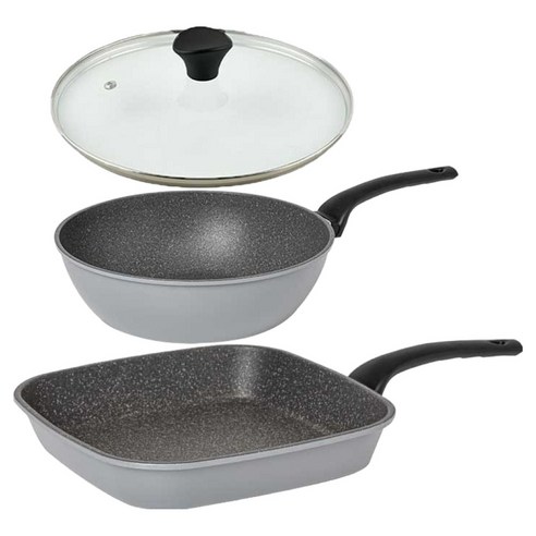 퀸센스 인터쿡 후라이팬 세트 3개, 그레이, 1세트, 사각팬 27cm + 궁중팬 24cm + 유리뚜껑 24cm