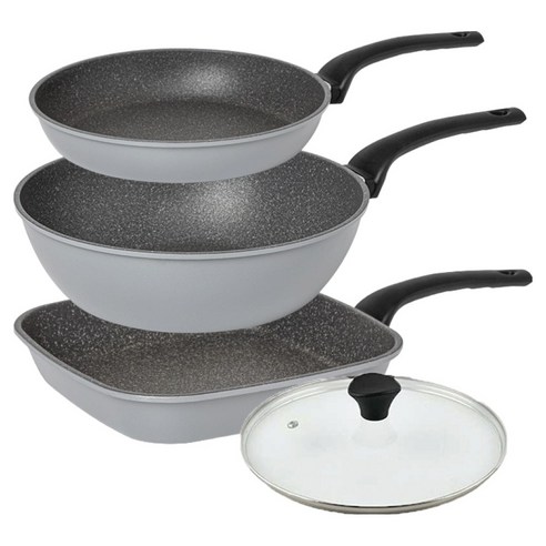 인터쿡 퀸센스 인터 후라이팬 3종 + 유리뚜껑 세트, 그레이, 1세트, 사각팬 27cm + 후라이팬 24cm + 궁중팬 28cm + 유리뚜껑 28cm