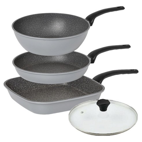 인터쿡 퀸센스 후라이팬 3종 + 유리뚜껑 세트, 그레이, 1세트, 사각팬 27cm + 후라이팬 24cm + 궁중팬 24cm + 유리뚜껑 24cm