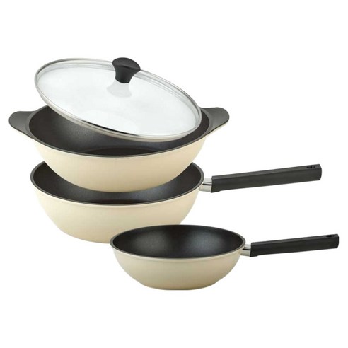 퀸센스 샌드 후라이팬 3종 + 유리뚜껑 세트, 베이지, 1세트, 궁중팬 24cm + 궁중팬 28cm + 파티웍 28cm + 유리뚜껑 28cm