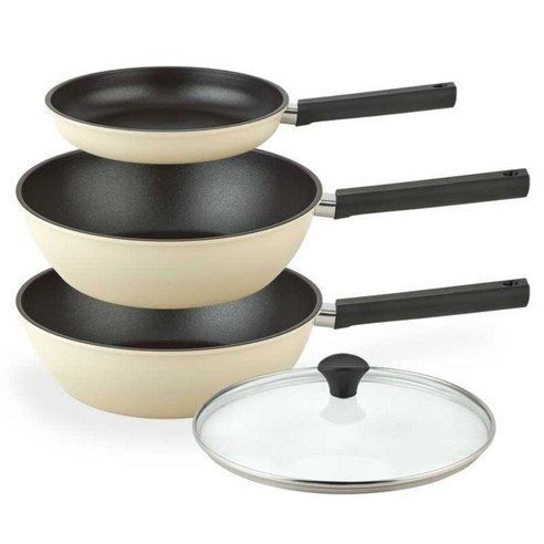 퀸센스 샌드 후라이팬 3종 + 유리뚜껑 세트, 베이지, 1세트, 후라이팬 24cm + 궁중팬 28cm + 궁중팬 28cm + 유리뚜껑 28cm