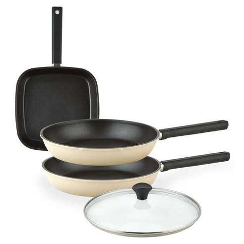 퀸센스 샌드 후라이팬 3종 + 유리뚜껑 세트, 베이지, 1세트, 사각팬 27cm + 후라이팬 28cm + 후라이팬 28cm + 유리뚜껑 28cm