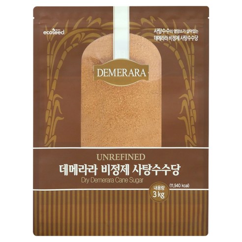 에코씨드 모리셔스 데메라라 비정제 사탕수수당, 3kg, 1개