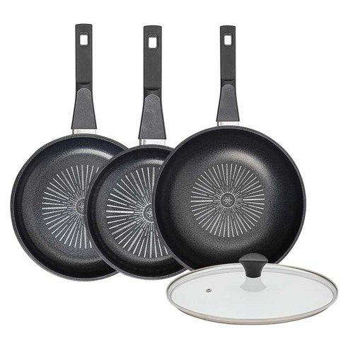 인터쿡 클래식 후라이팬 세트 4개, 블랙, 1세트, 24cm 후라이팬 + 20cm 후라이팬 + 28cm 궁중팬 + 유리뚜껑
