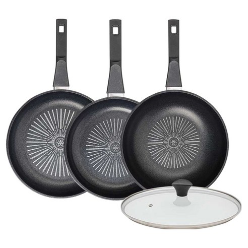 인터쿡 클래식 후라이팬 세트 4개, 블랙, 1세트, 후라이팬 28cm + 후라이팬 24cm + 궁중팬 28cm + 유리뚜껑