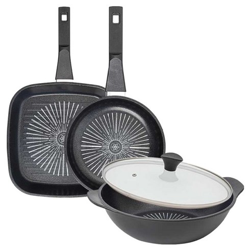 인터쿡 클래식 후라이팬 세트 4개, 블랙, 1세트, 사각팬 27cm + 후라이팬 20cm + 파티웍 28cm + 유리뚜껑