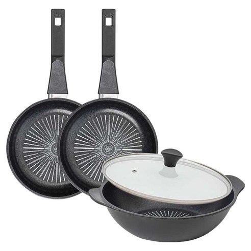 인터쿡 클래식 후라이팬 세트 4개, 블랙, 1세트, 20cm 후라이팬 + 20cm 후라이팬 + 28cm 파티웍 + 유리뚜껑