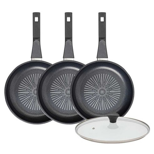 인터쿡 클래식 후라이팬 세트 4개, 블랙, 1세트, 24cm 후라이팬 + 24cm 후라이팬 + 24cm 후라이팬 + 유리뚜껑