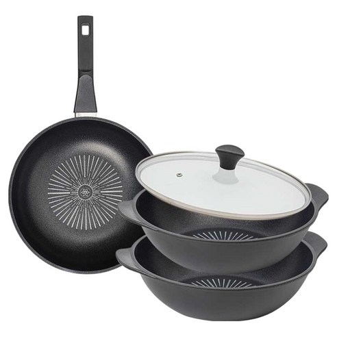 인터쿡 클래식 후라이팬 세트 4개, 블랙, 1세트, 궁중팬 28cm + 파티웍 28cm + 파티웍 28cm + 유리뚜껑