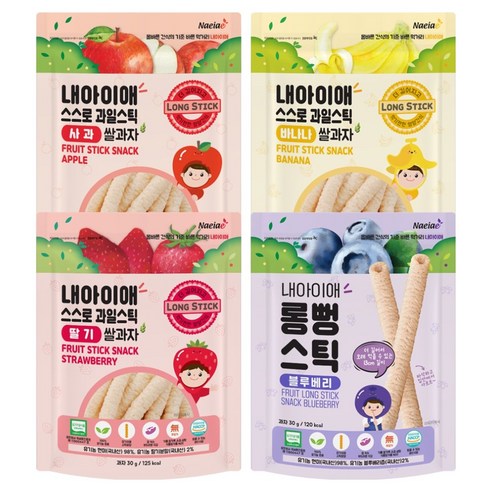 내아이애 유기농 과일 롱뻥 스틱 30g x 4종 세트, 1세트, 사과, 딸기, 블루베리, 바나나